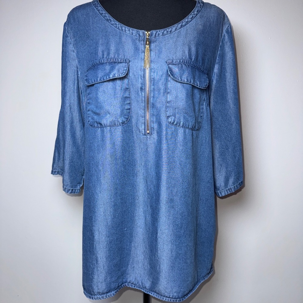 Jones New York Signature Blue Chambray Zip Front Roll Tab Sleeve Tunic Top L